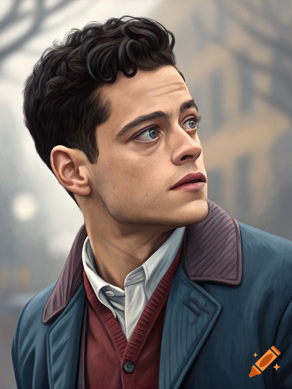 A realistic portrait of a man resembling Rami Malek looking to the side, wearing a coat and cardigan.