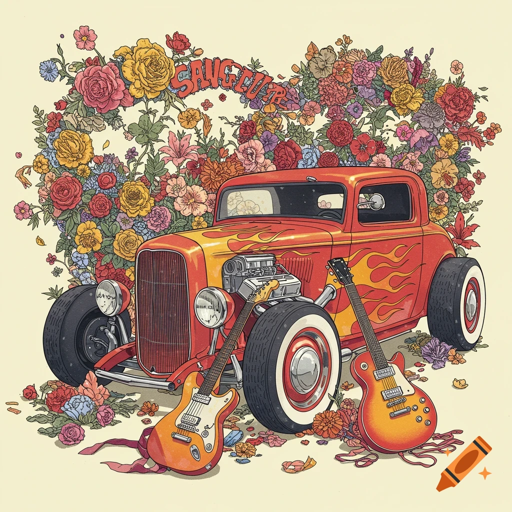 A red hot rod with flames, two guitars, and a wreath of colorful flowers.