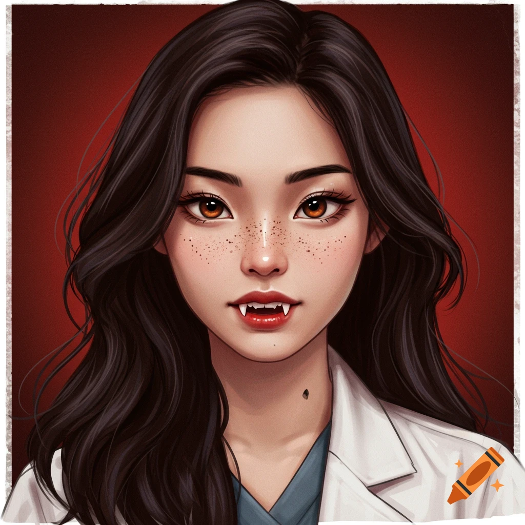 Portrait of a vampire woman with fangs, freckles, and long dark hair wearing a white lab coat.