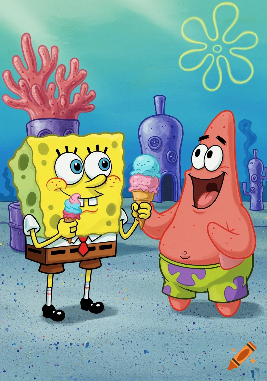 Cartoon of Spongebob and Patrick eating ice cream cones.