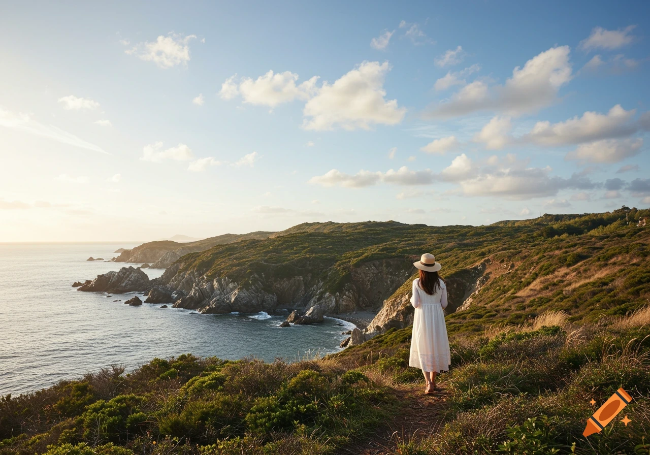 Person in white dress stands on a cliff overlooking a rocky coast and ocean at sunset.