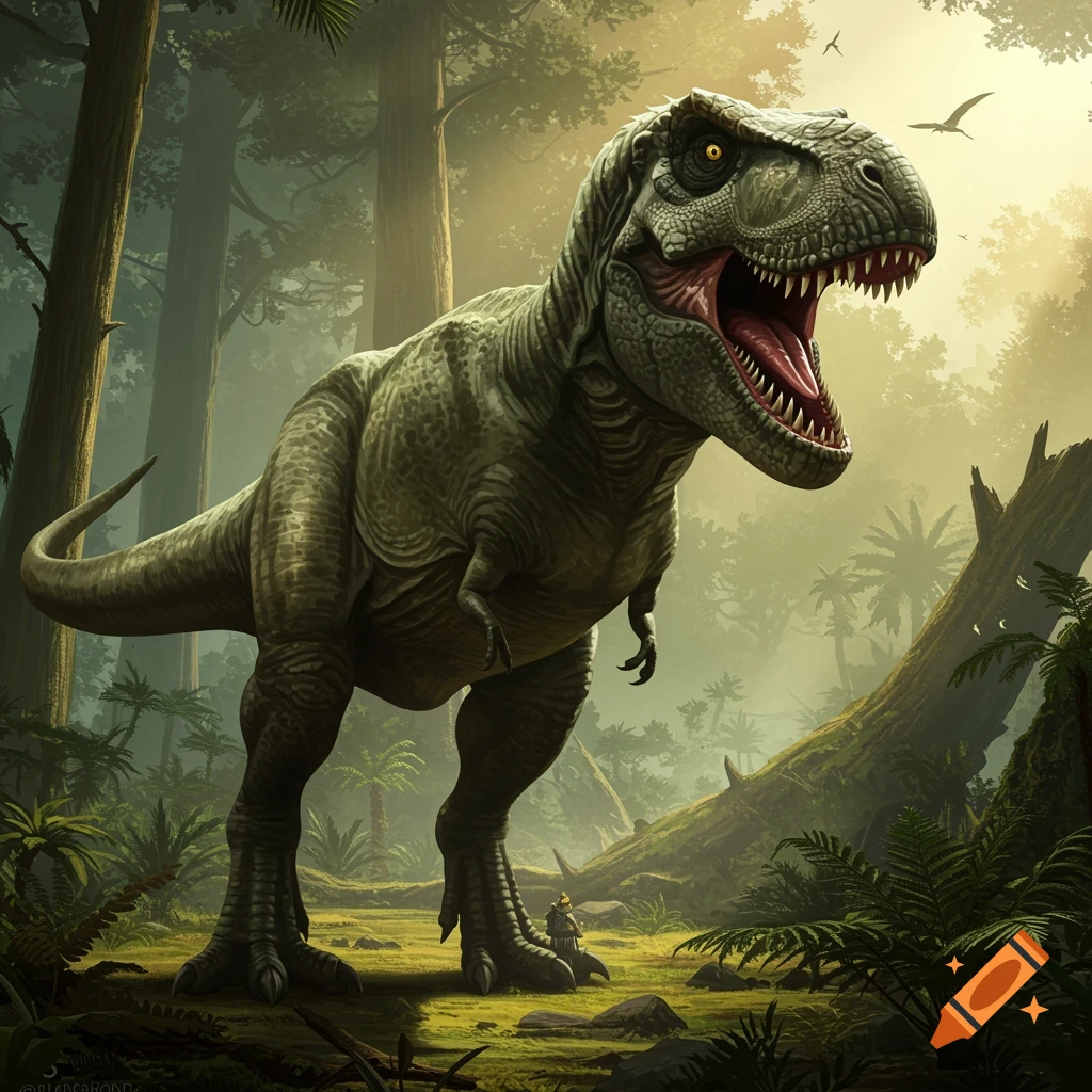 A T-Rex with open mouth standing in a lush prehistoric forest.