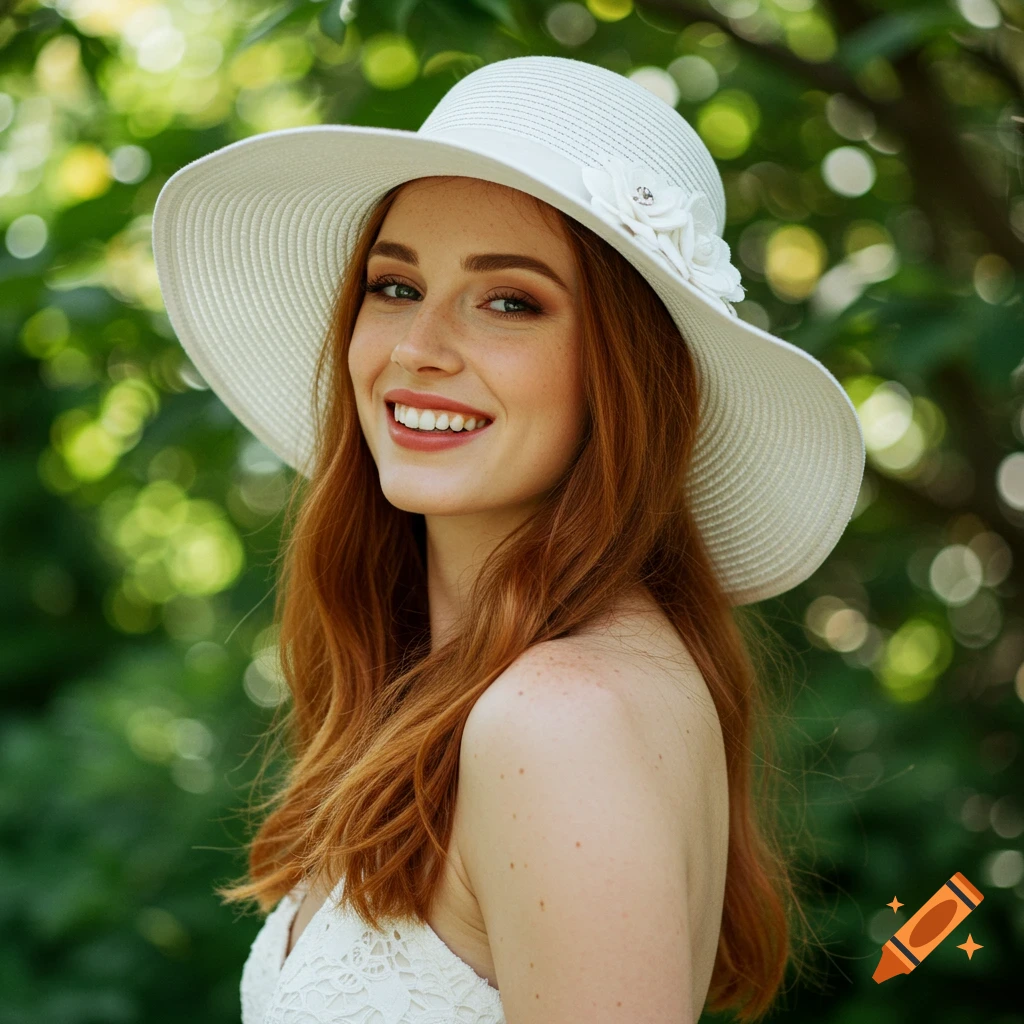 A smiling woman with red hair in a white hat and dress in a garden.