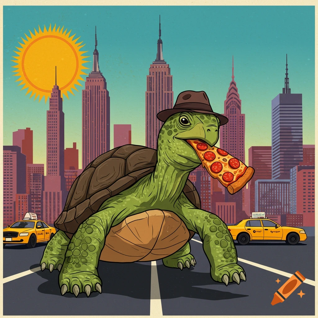 A cartoon turtle wearing a hat and eating pizza on a street in New York City.