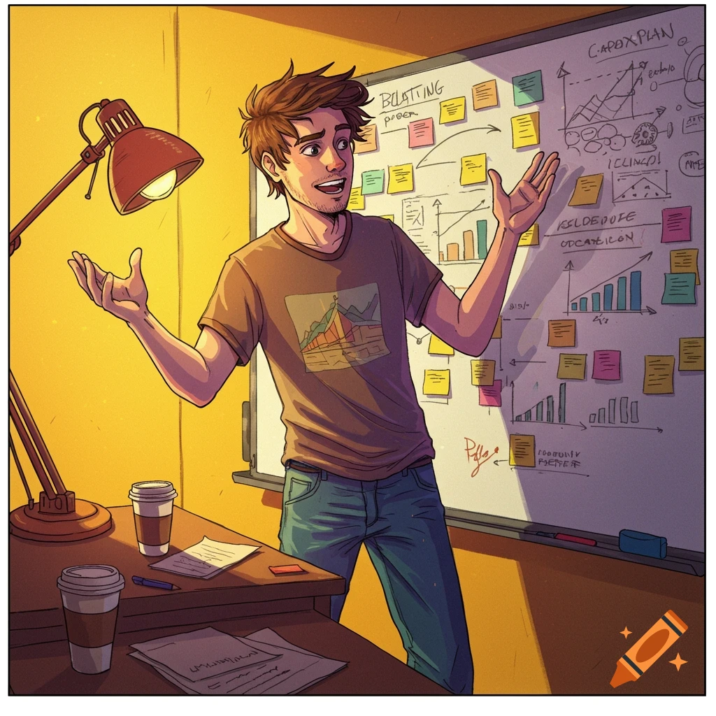 A young man in a t-shirt stands in front of a whiteboard covered in sticky notes and diagrams, gesturing excitedly.