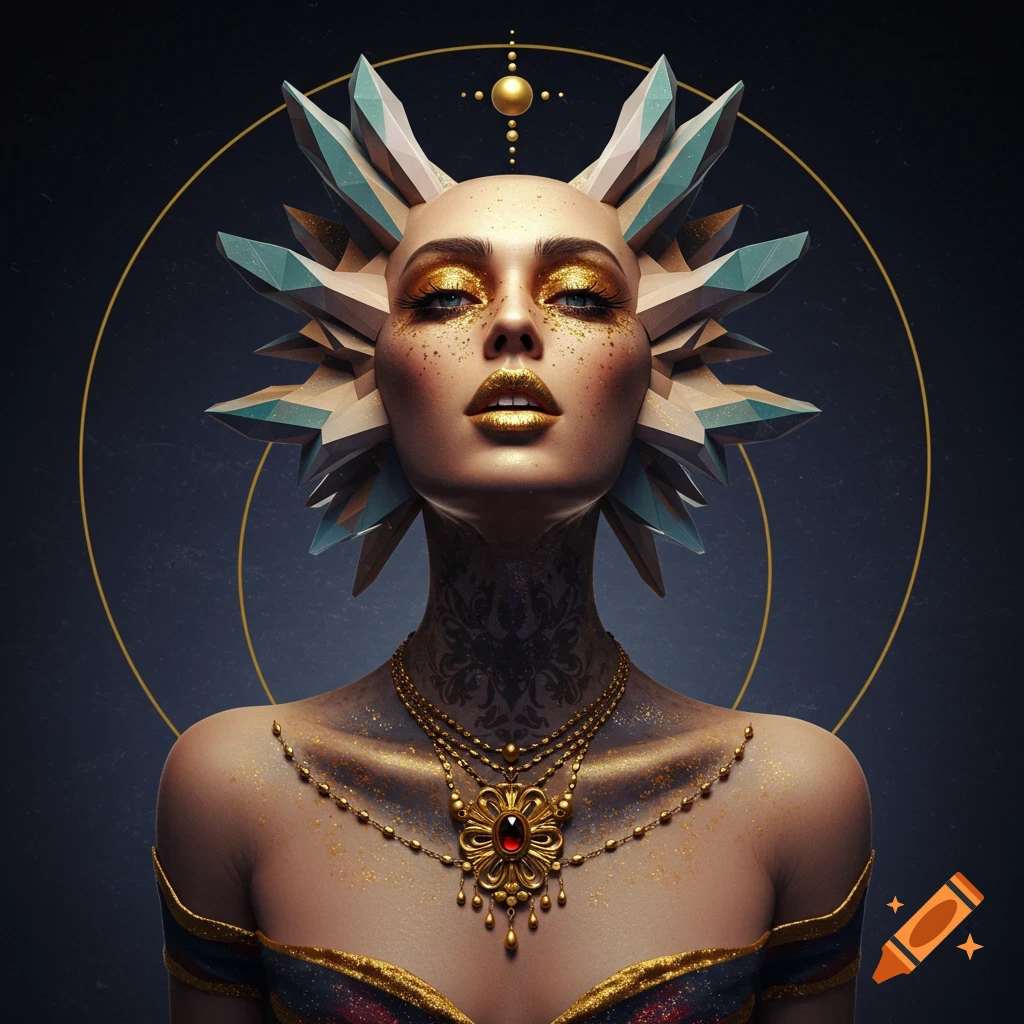 Surreal portrait of a fantasy woman with geometric headpiece, gold makeup, and ornate jewelry.