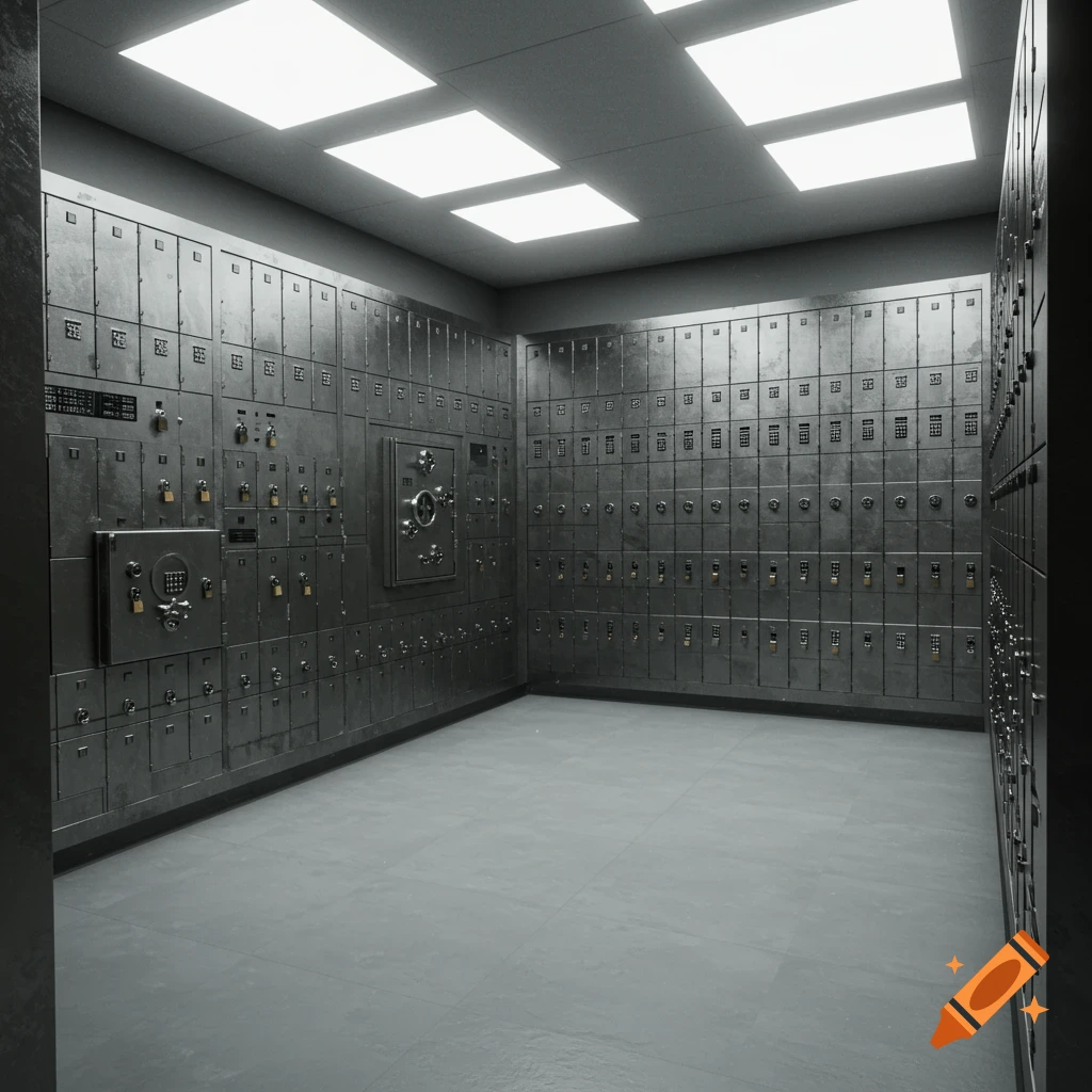 Realistic image of a bank safe deposit box room with walls full of metal boxes and large safe mechanisms.