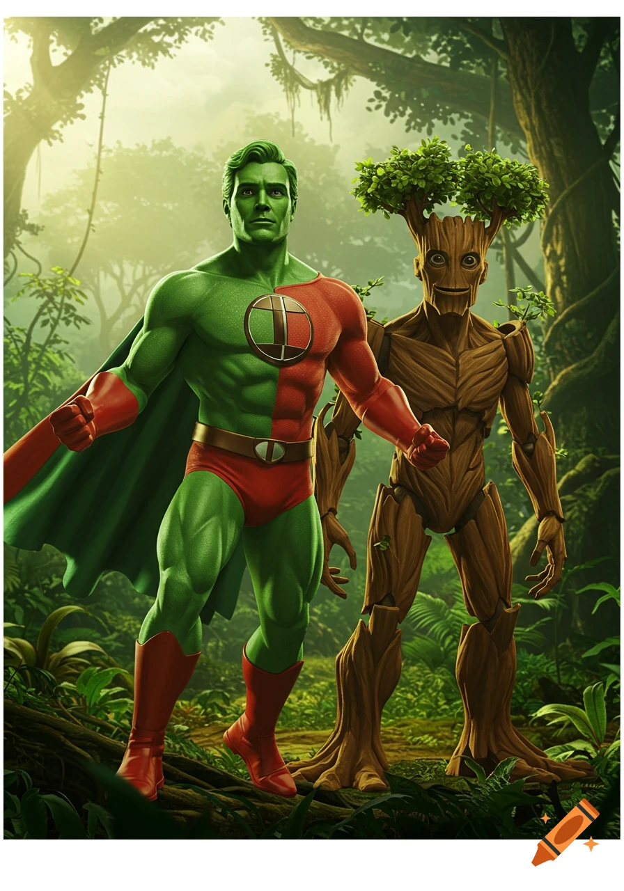 Captain Planet and a tree creature stand in a jungle.