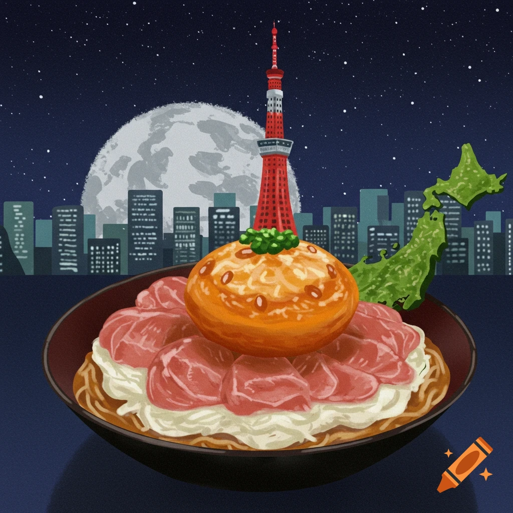 Digital illustration of a food dish with Tokyo Tower and a map of Japan against a night sky.