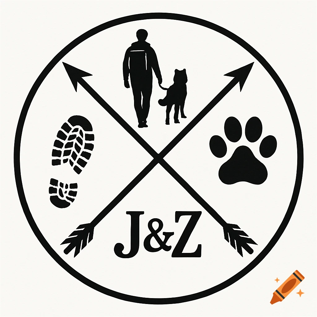 Black and white circular logo with crossed arrows, person walking dog silhouette, paw print, boot print, and J&Z text.