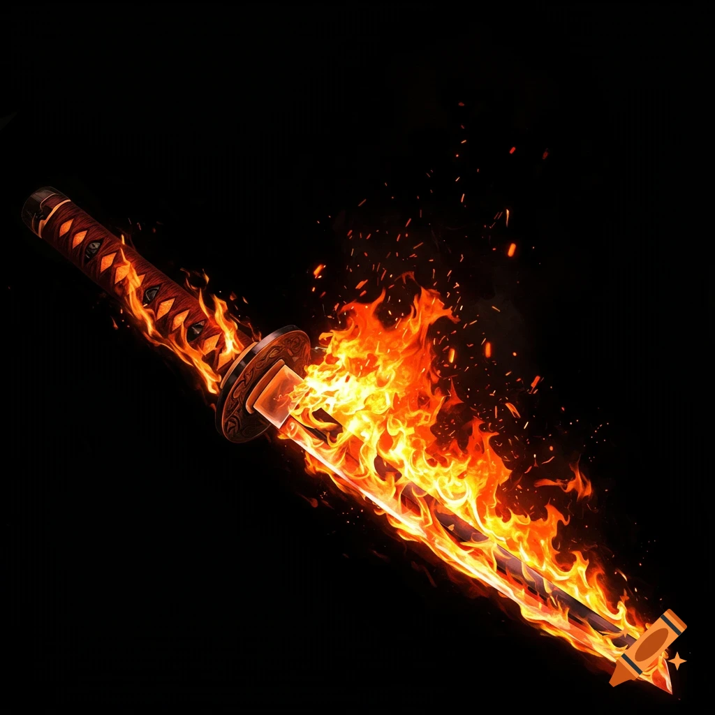 A flaming katana against a black background.