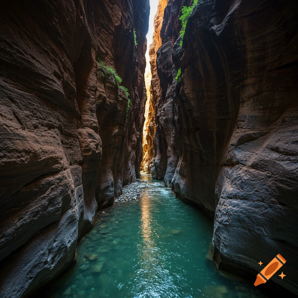 A stream flows through a narrow canyon with tall rock walls and light coming from above.