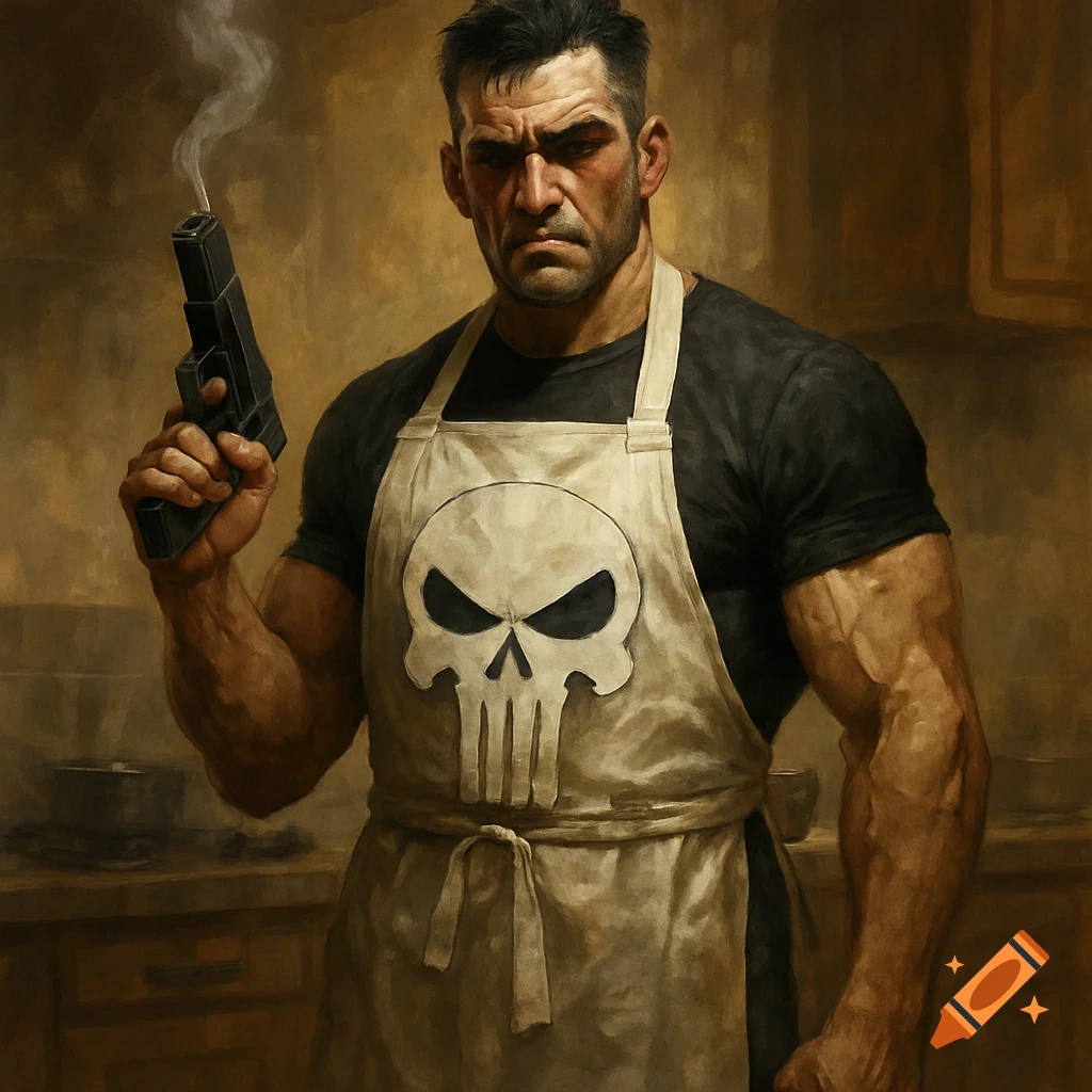 A man resembling the Punisher is wearing a skull apron and holding a smoking gun.