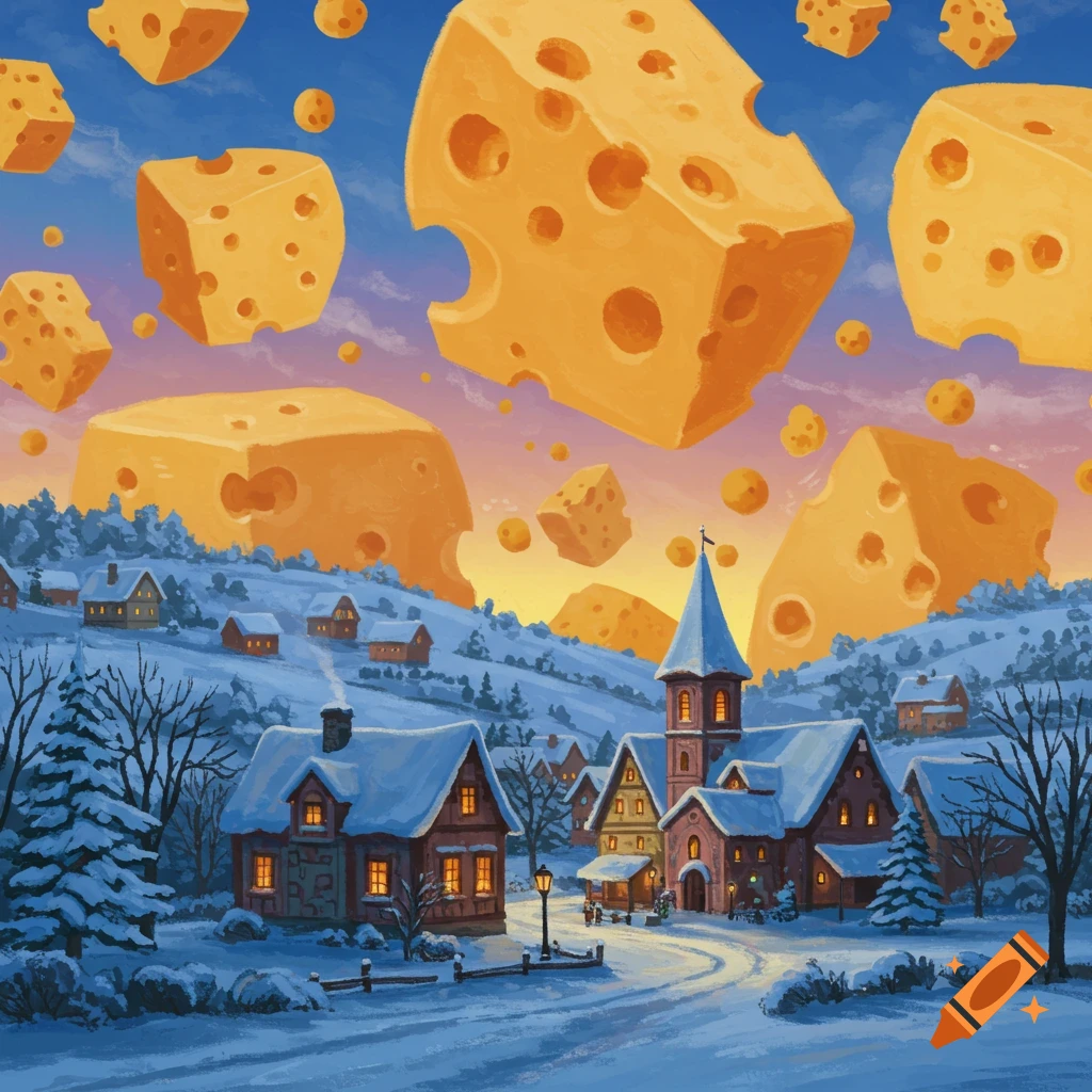 A snowy village scene with giant blocks of cheese falling from the sky.
