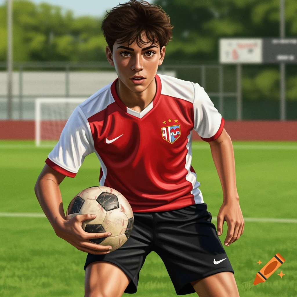 A teenage boy in a red and white soccer jersey holding a ball on a field.