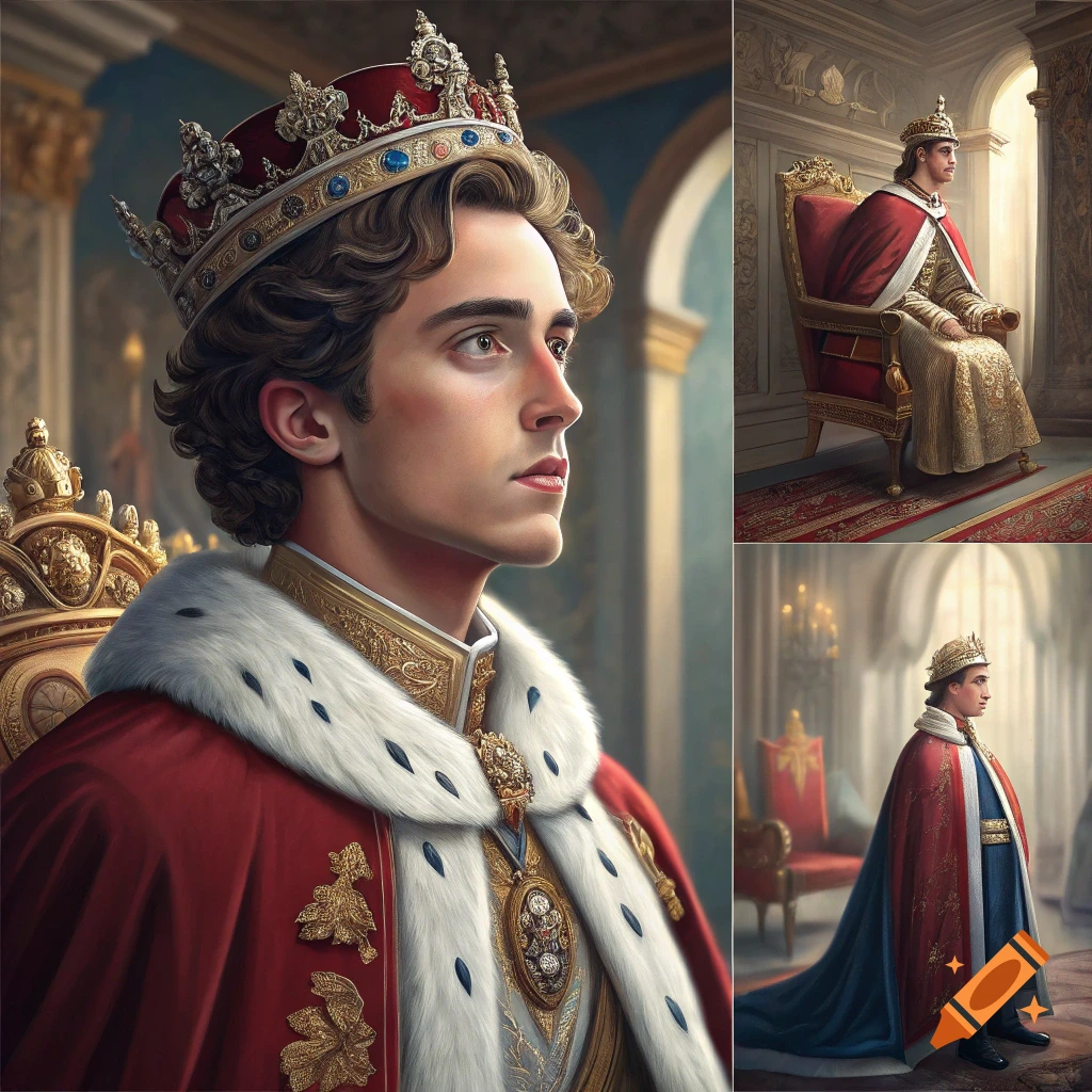 A young man in a red and gold royal robe and crown sits and stands in regal poses.