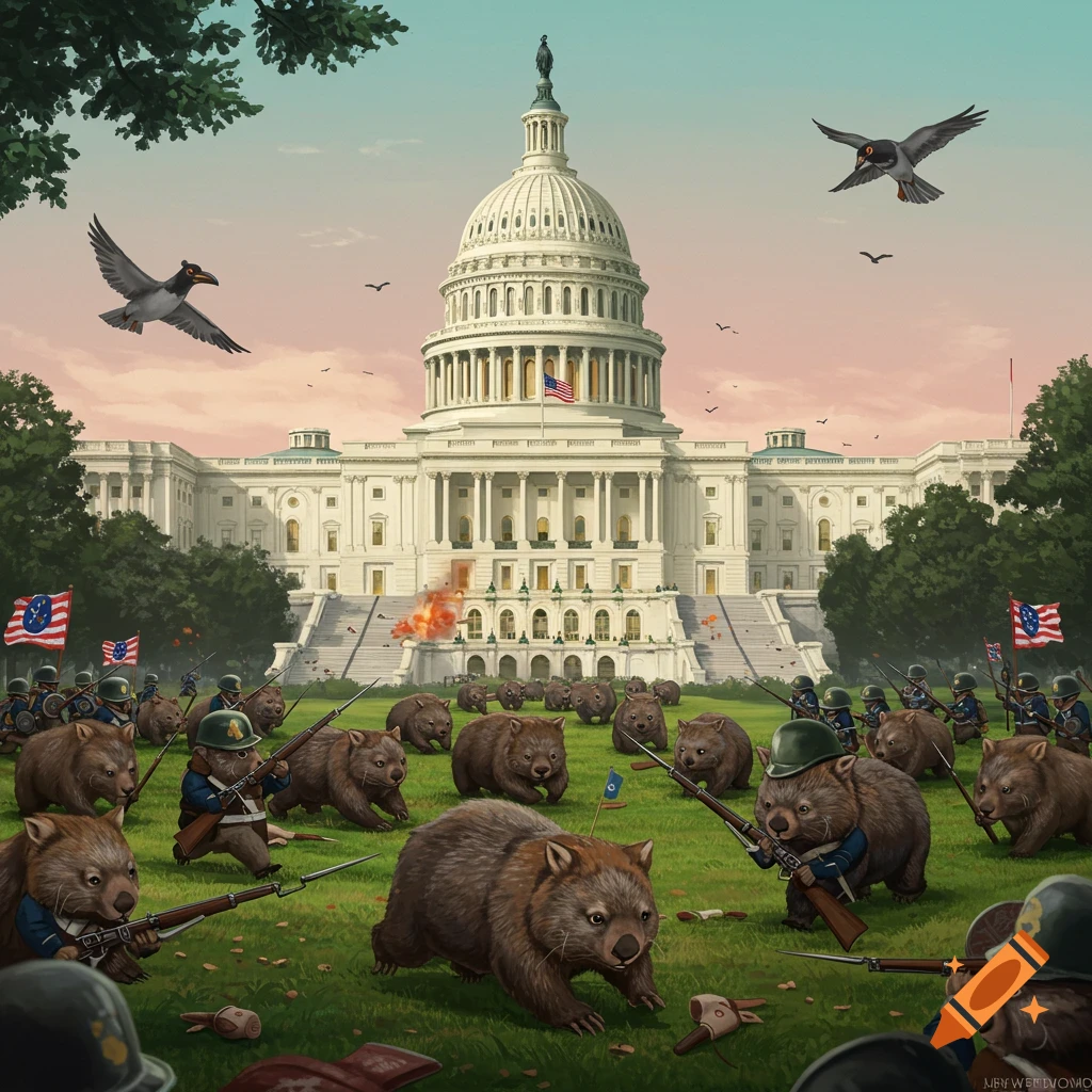 Wombats dressed as soldiers attacking the US Capitol building.