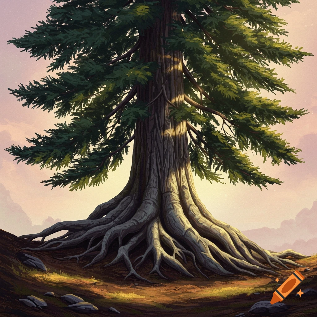 A large spruce tree with prominent roots is on a hillside at sunset.