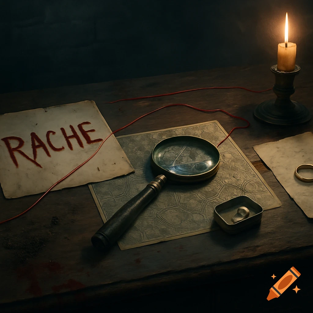 A dimly lit detective's desk with clues: blood-stained paper reading 'RACHE', magnifying glass, ring, and candle.