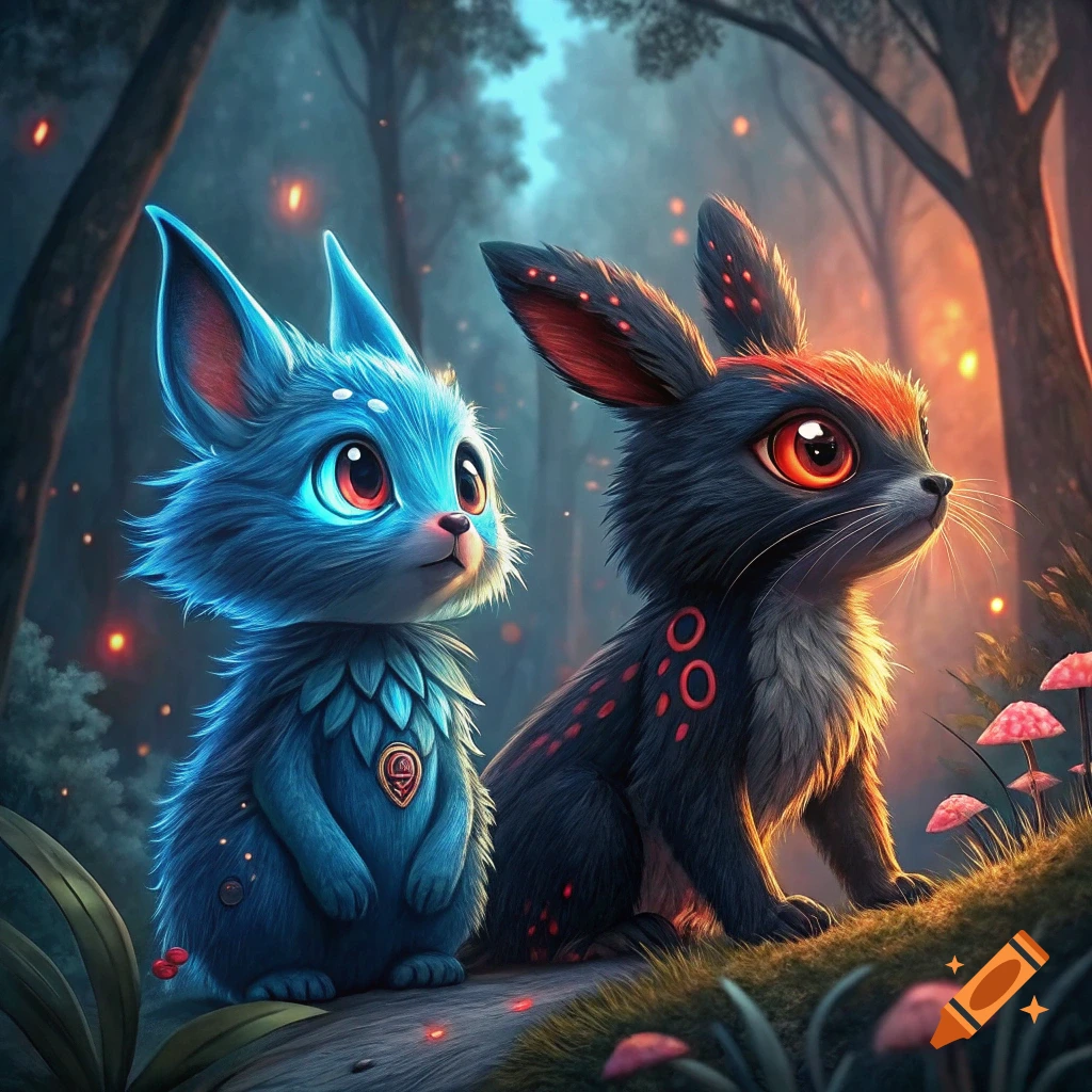 Two cute fantasy creatures, blue and black, in a glowing forest.