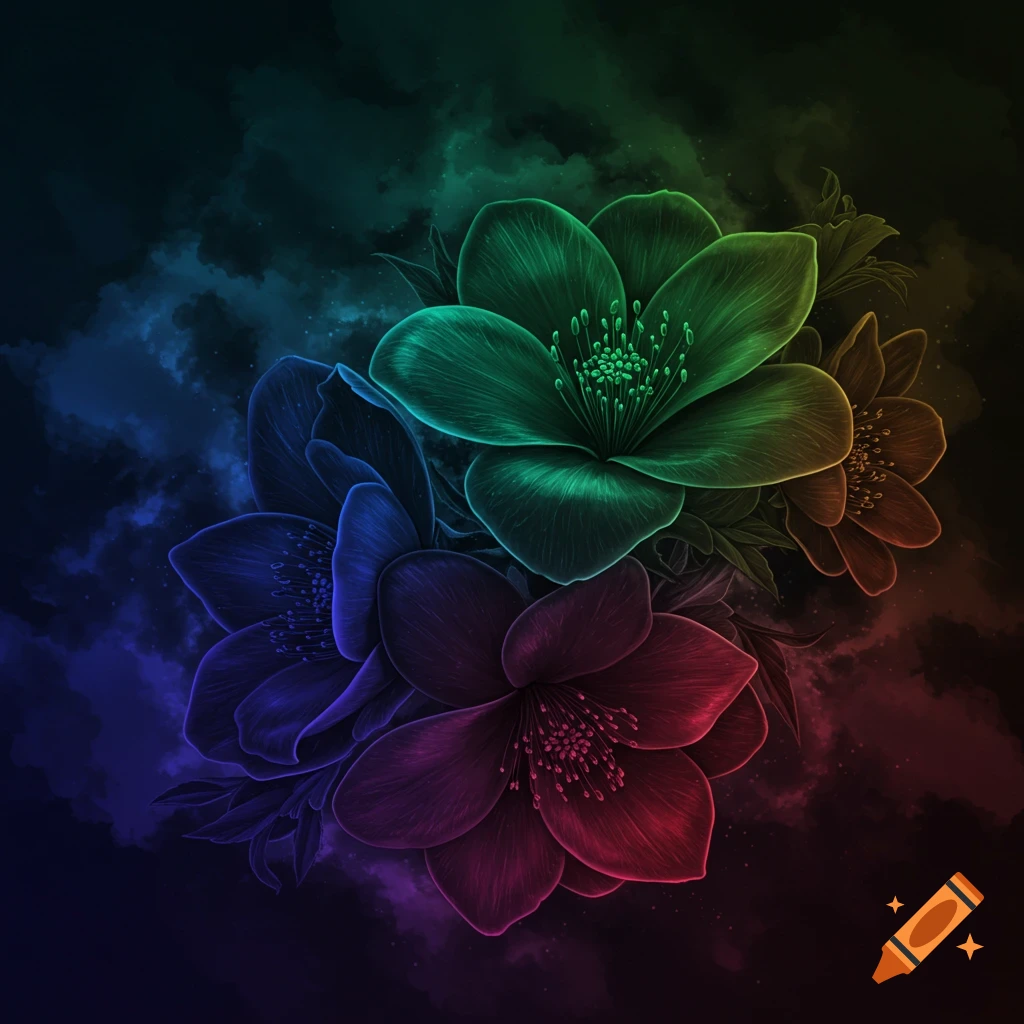Colorful glowing flowers against a dark, cloudy background.