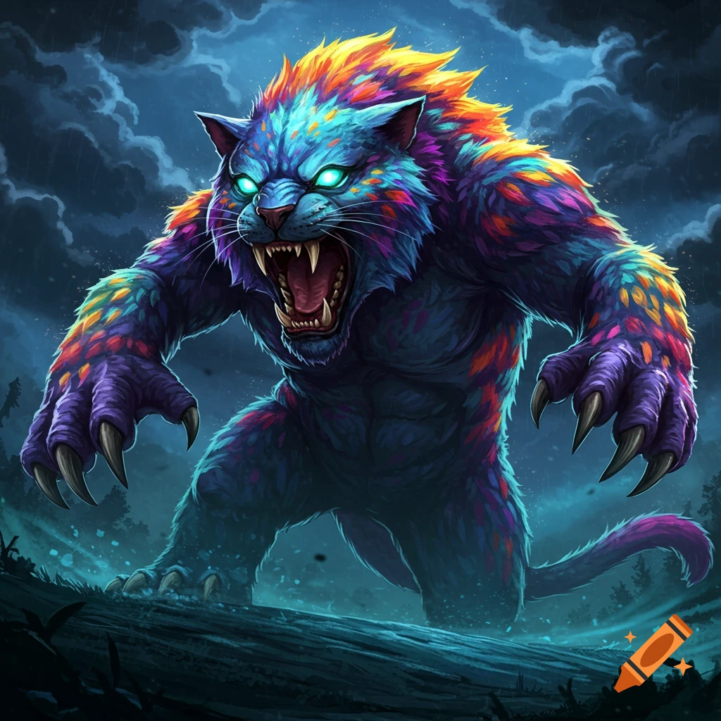 A roaring, colorful monster creature with glowing eyes in a forest
