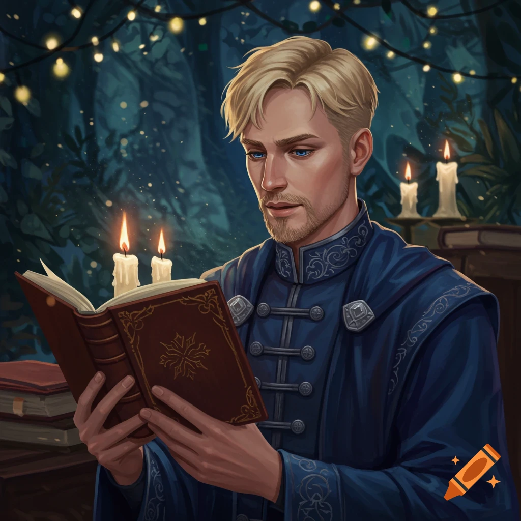 A man in robes reads a book by candlelight.
