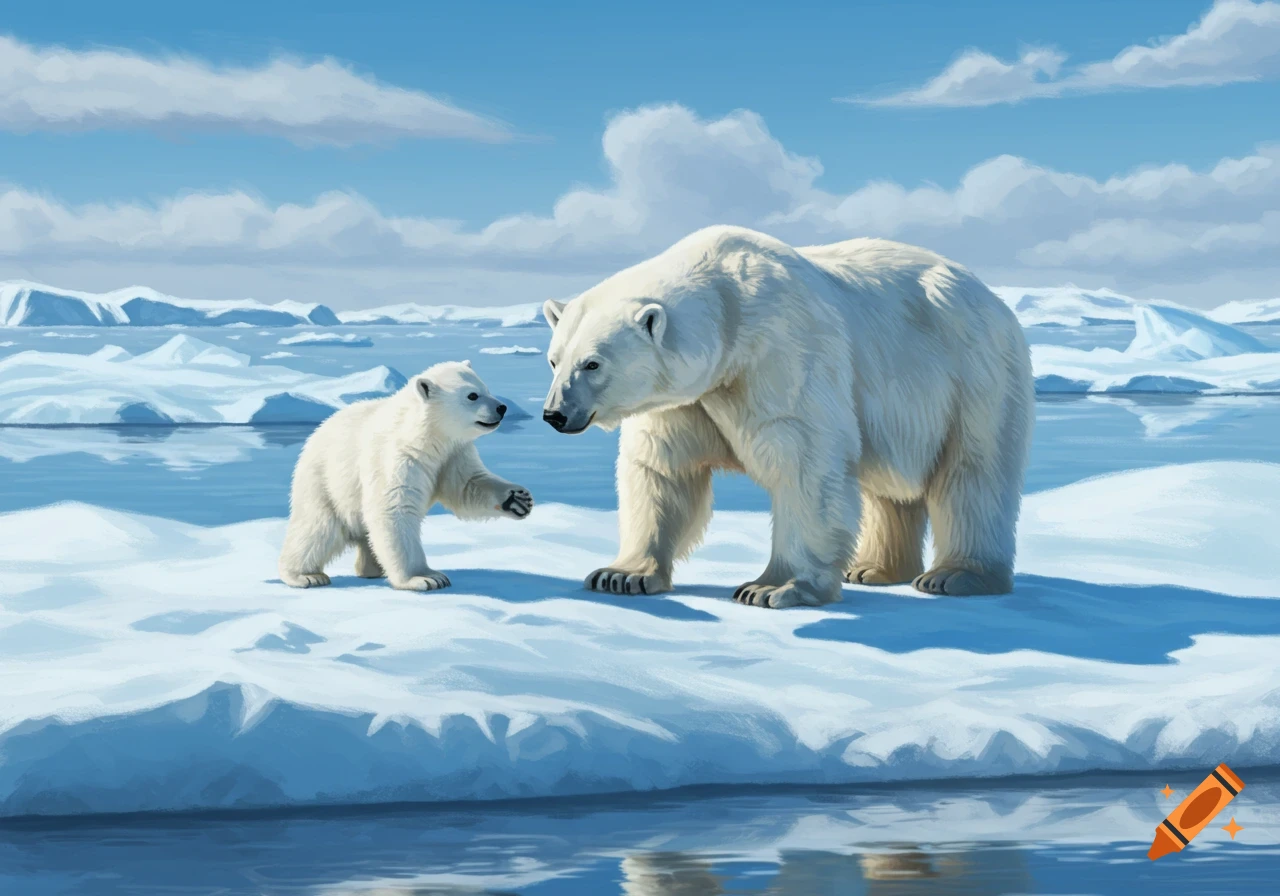 An adult polar bear and a cub are on ice floes in the Arctic.