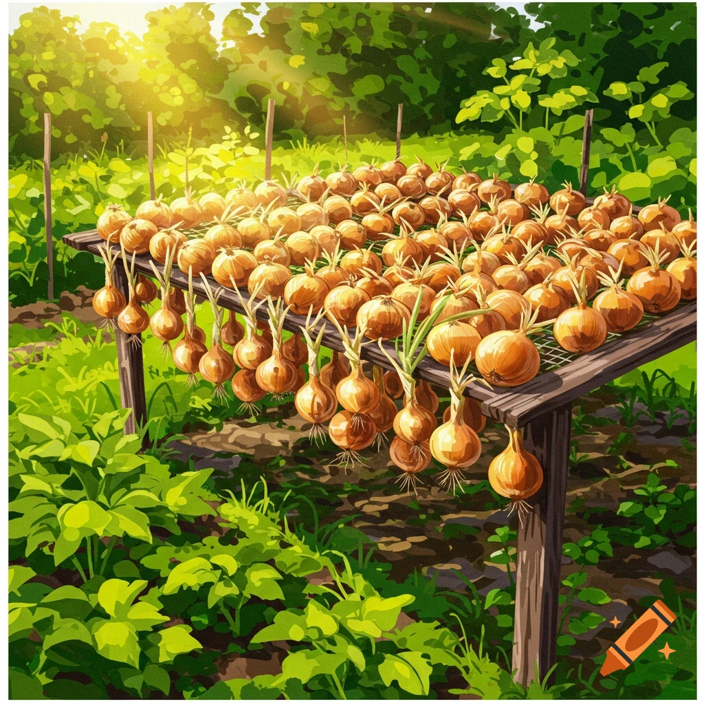 Onions drying on a rack in a sunny garden.