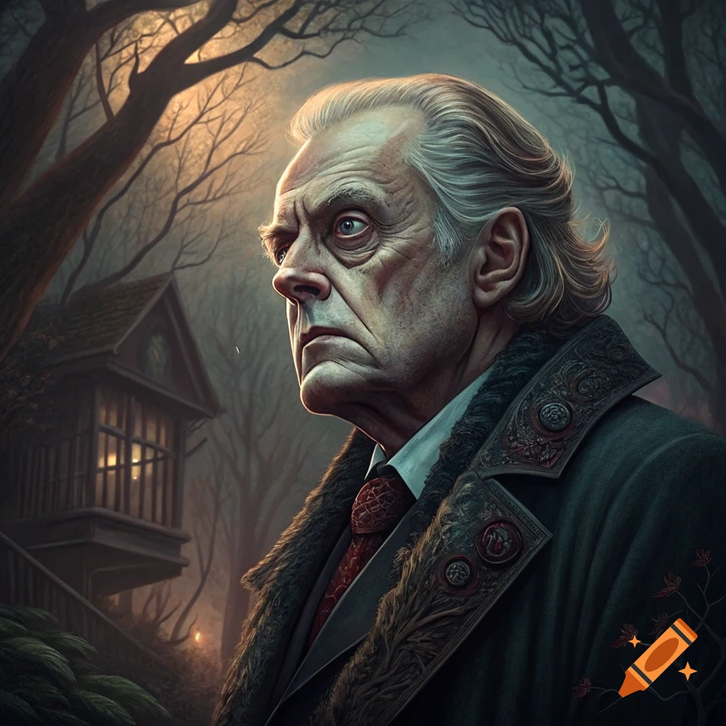 A serious-looking older man with grey hair stands in a dark, atmospheric forest near a small building at dusk.