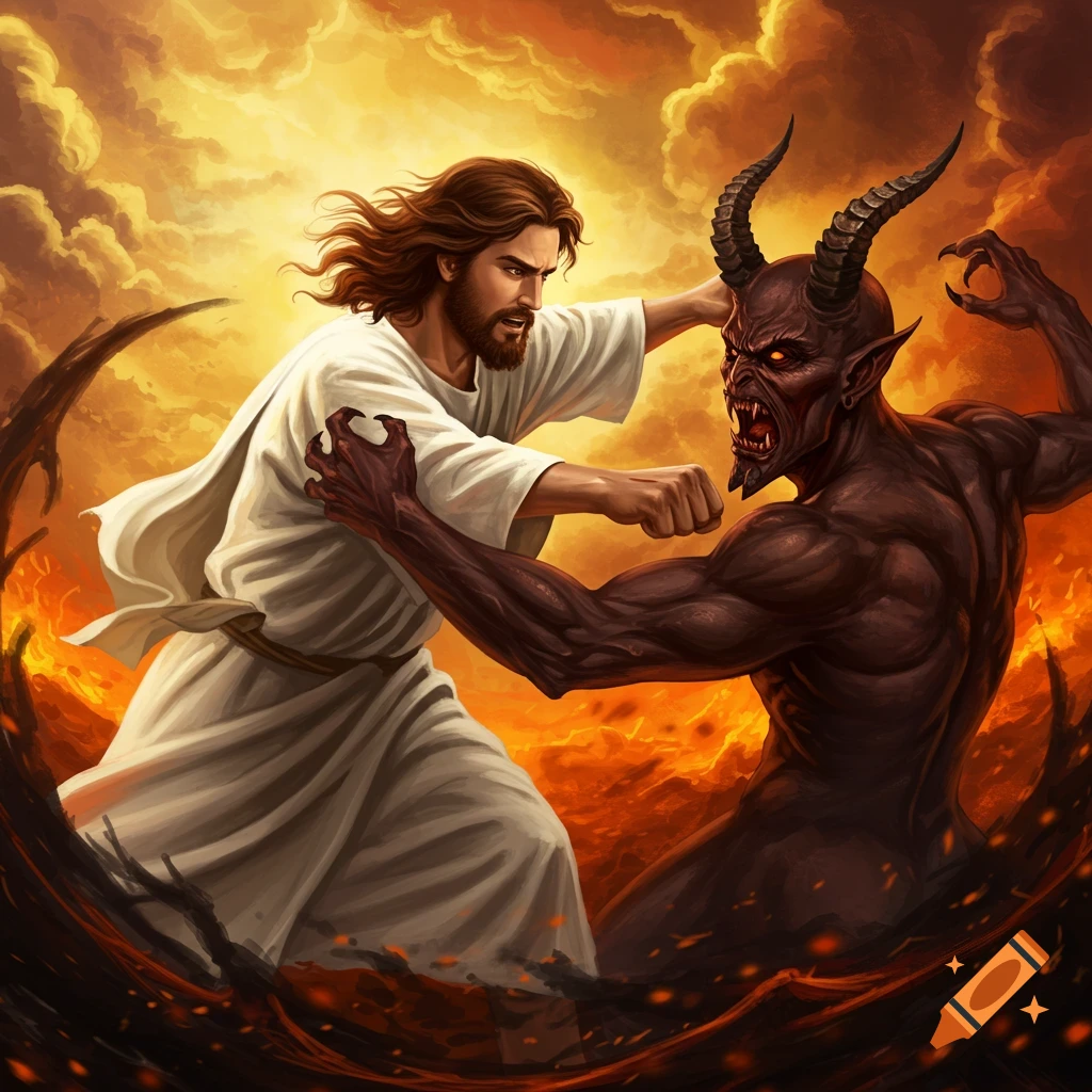 Painting of Jesus punching the devil in a fiery landscape.