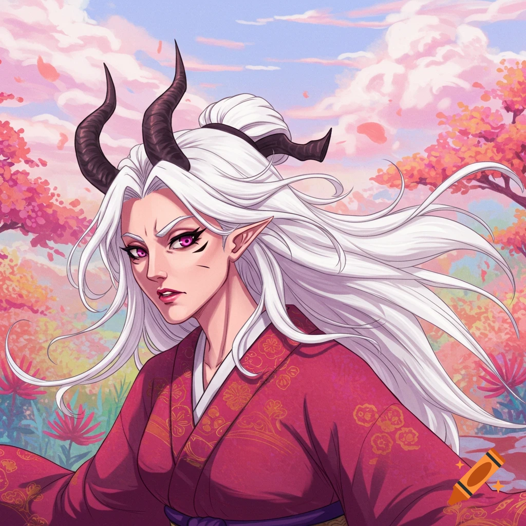 An anime drawing of a fantasy woman with horns, white hair, and elf ears, wearing a red kimono against a scenic background.