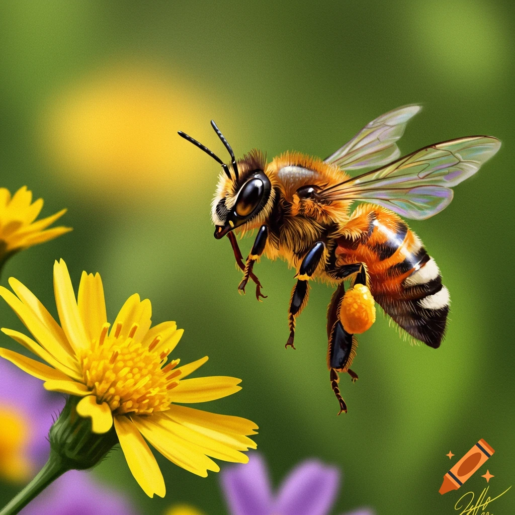A bee in flight approaching a yellow flower.