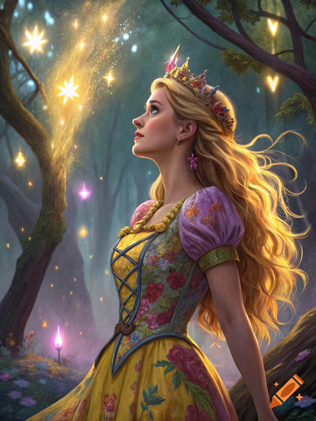 A beautiful princess with long blond hair looks up at glowing lights in a mystical forest.
