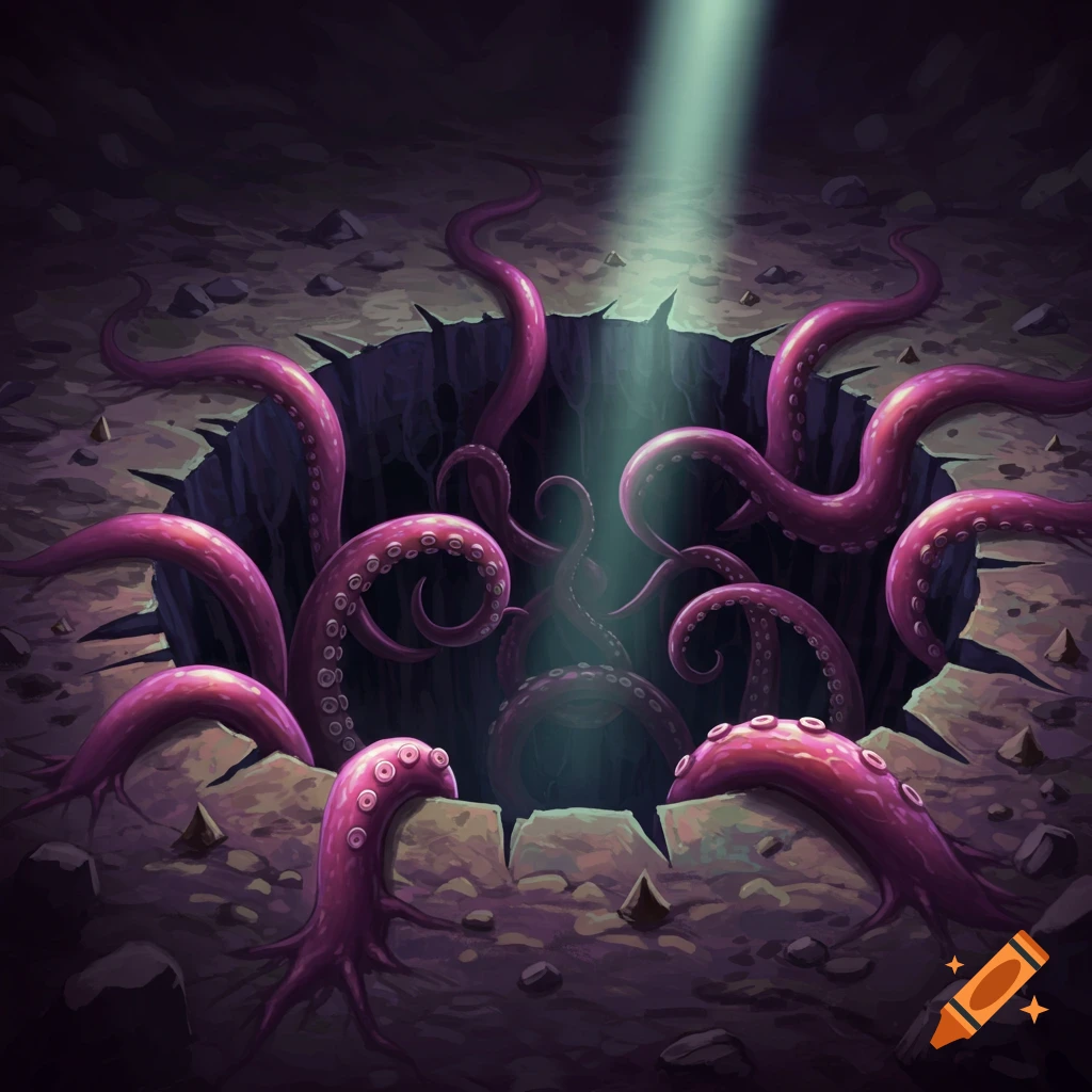 Purple tentacles emerge from a dark pit.