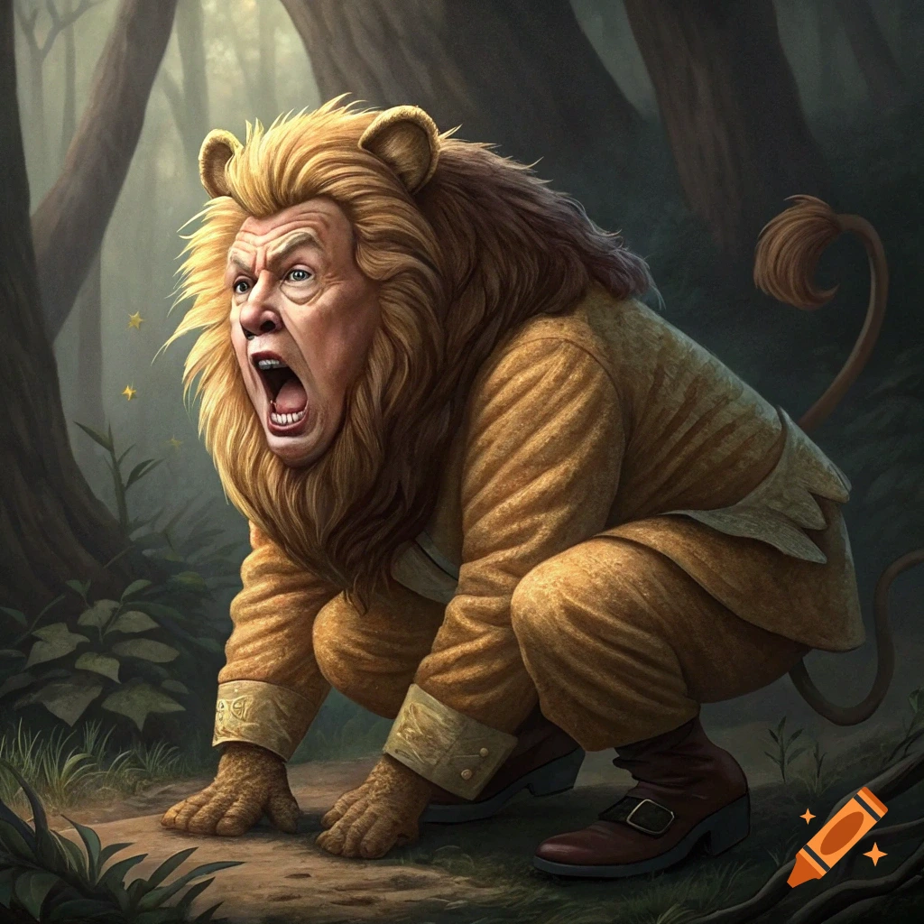 Person dressed as the Cowardly Lion in a forest setting