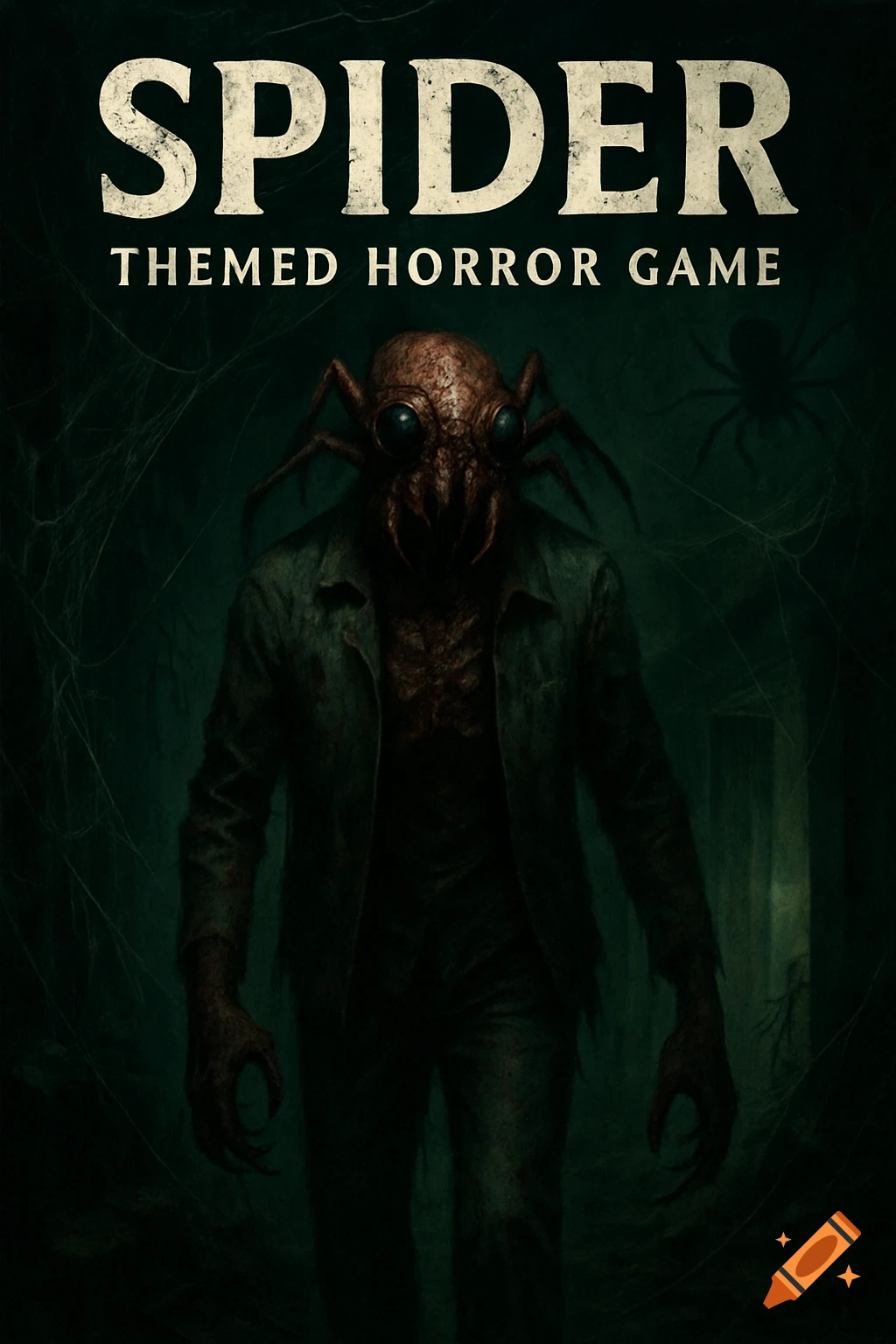 Spider-headed figure in a dark, webbed horror scene.