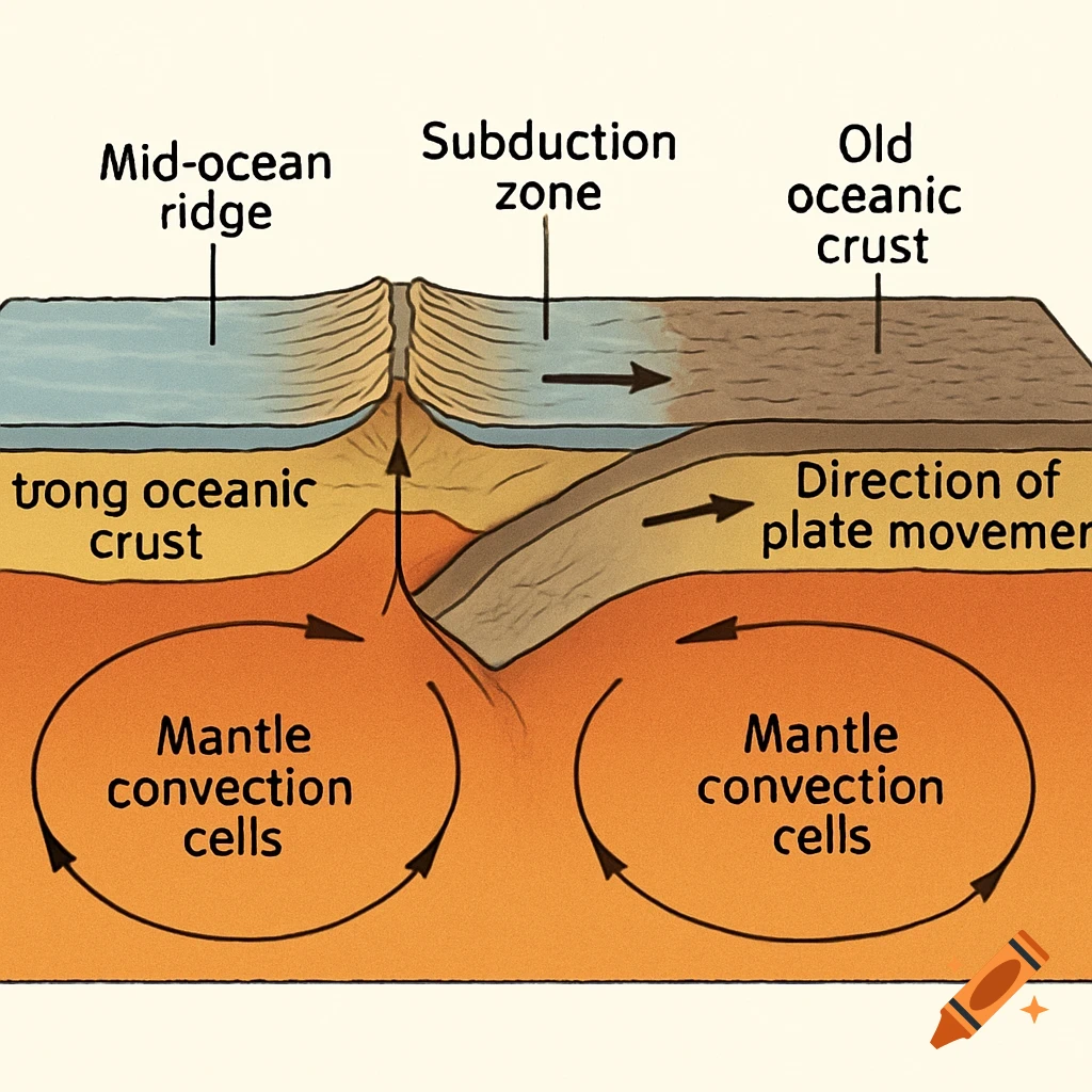 Diagram showing geological cross-section of a mid-ocean ridge, subduction zone, and mantle convection cells.
