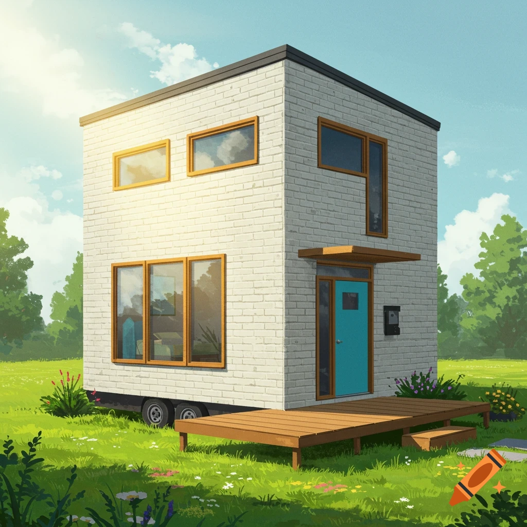 A modern tiny house with white brick cladding and a blue door on a deck in a grassy field.