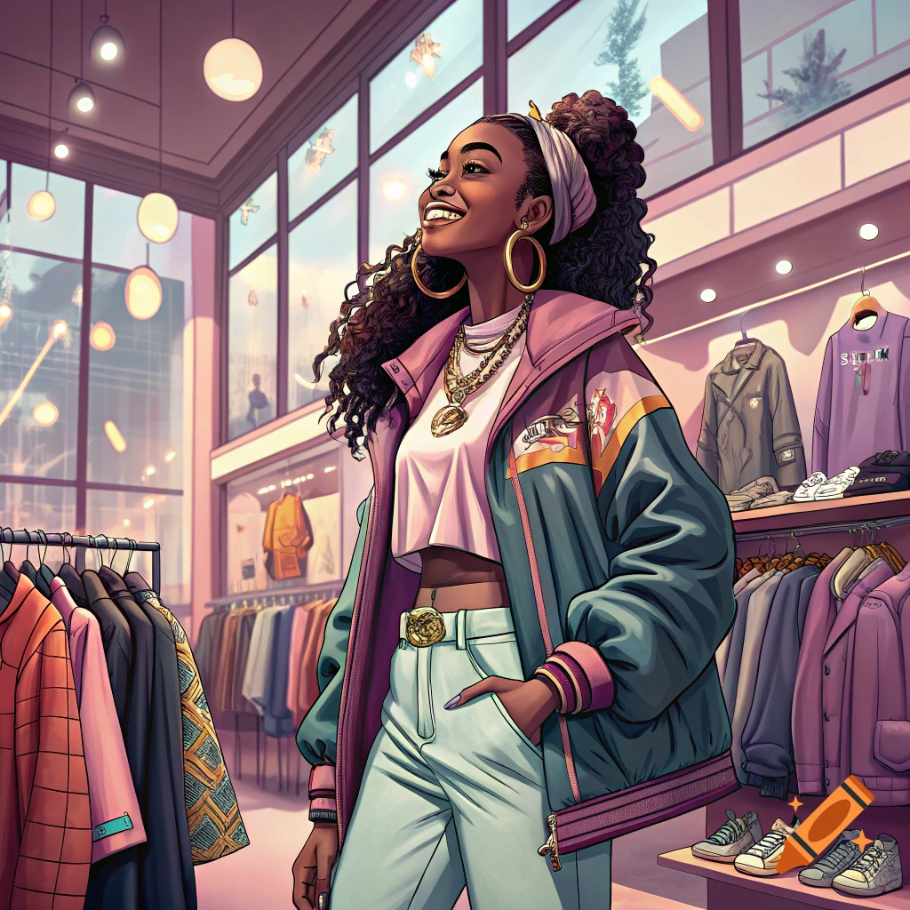 Stylized illustration of a woman shopping for clothes in a bright store.
