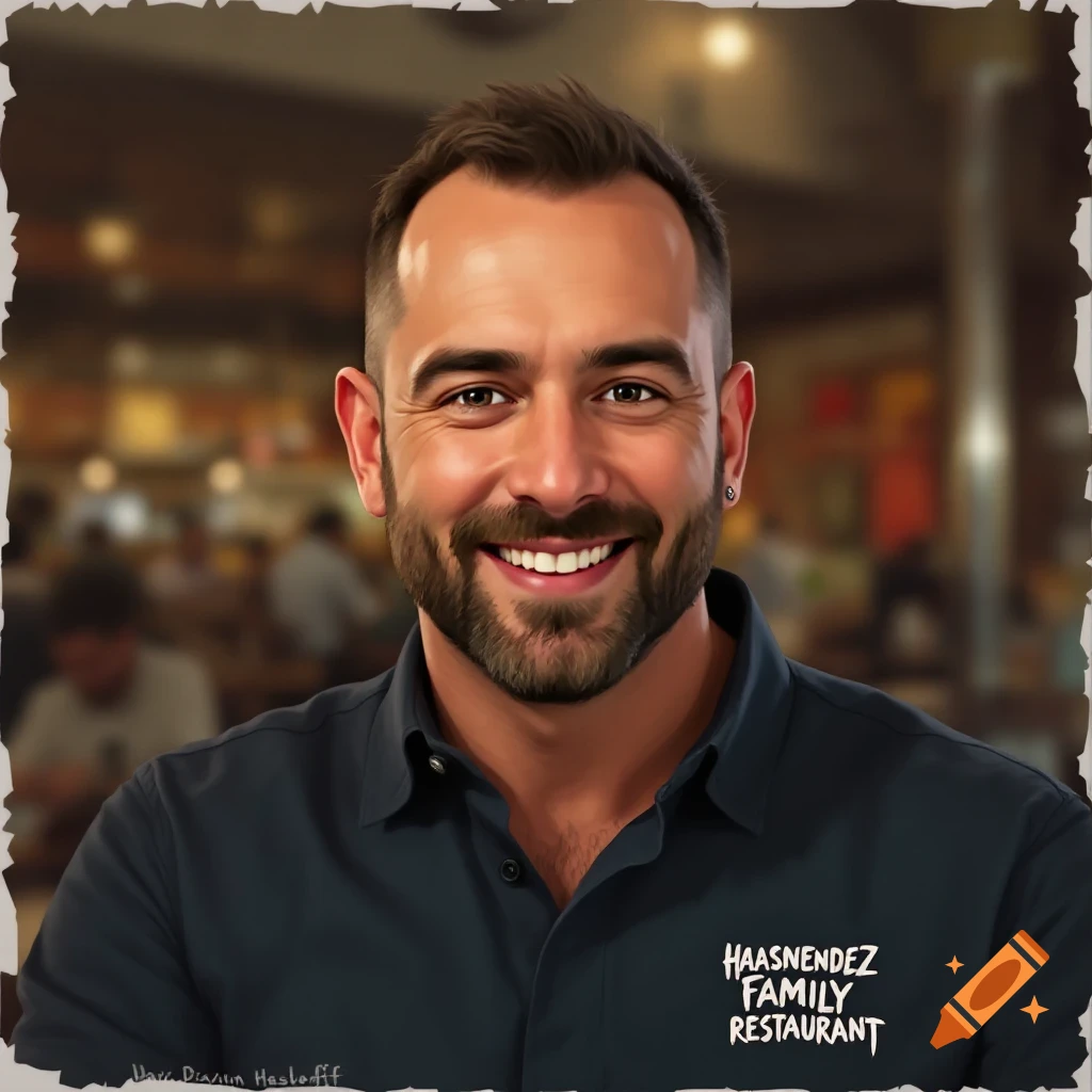 A smiling man wearing a shirt with a restaurant logo