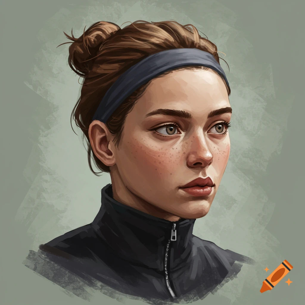 A woman with freckles and a headband, wearing a black zip-up jacket.