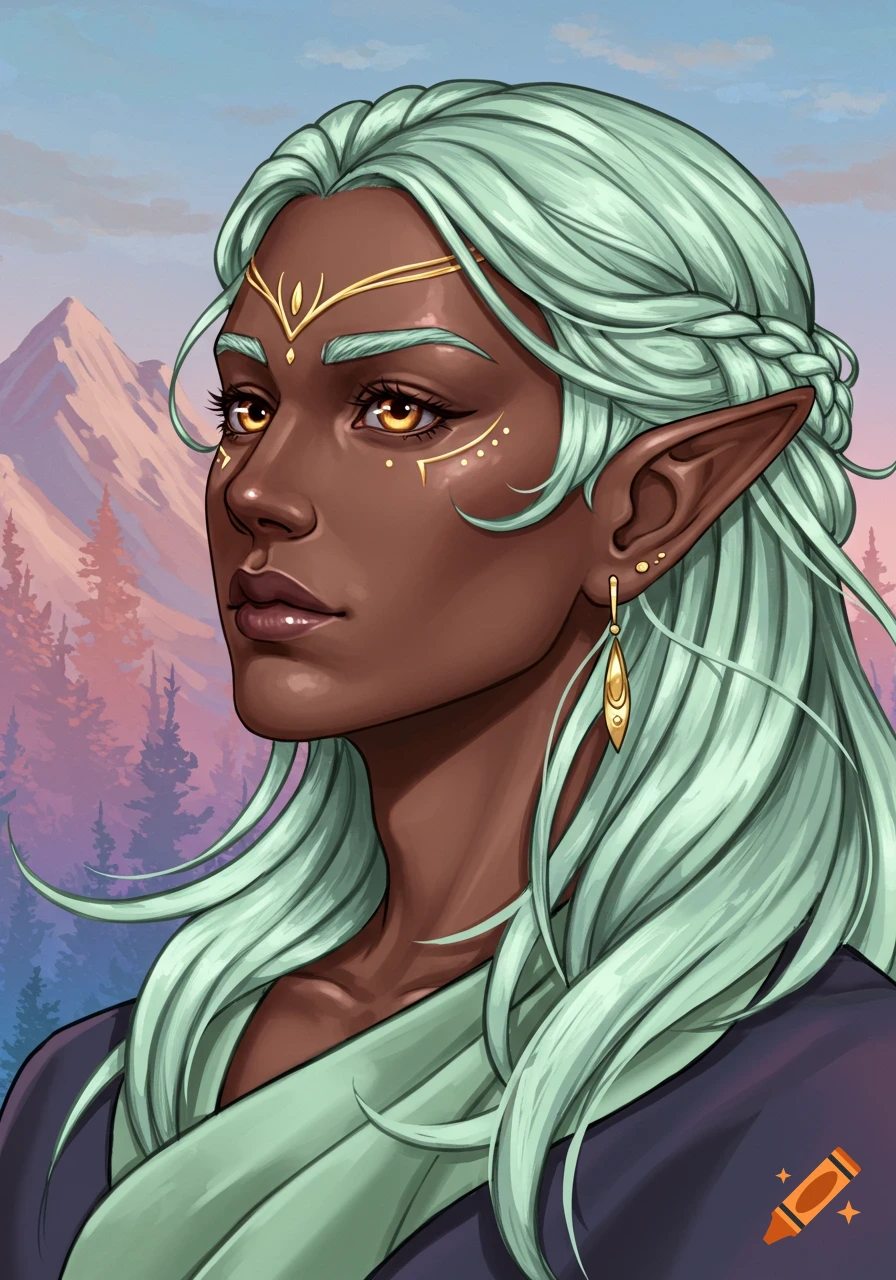 A dark-skinned fantasy character with mint green hair, golden markings, and pointed ears, against a mountain landscape.