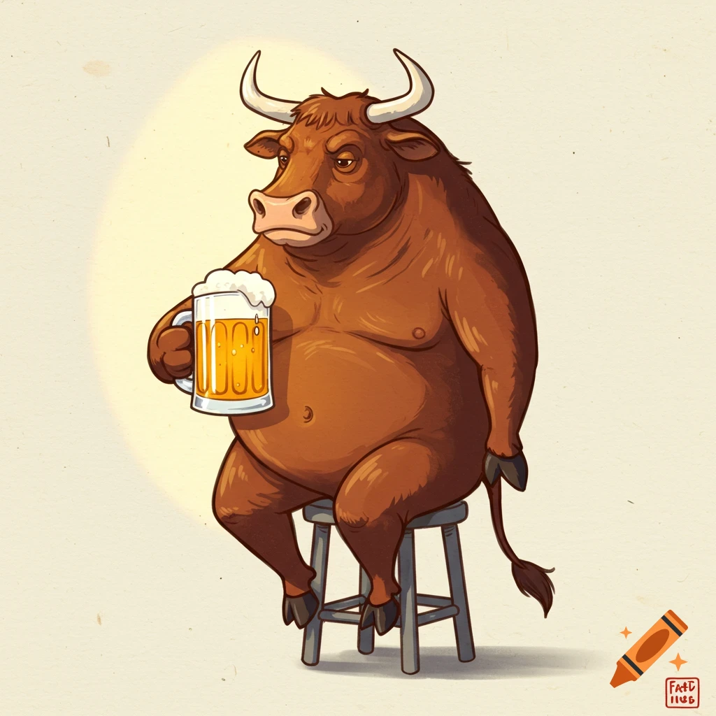 Cartoon bull sitting on a stool holding a mug of beer.