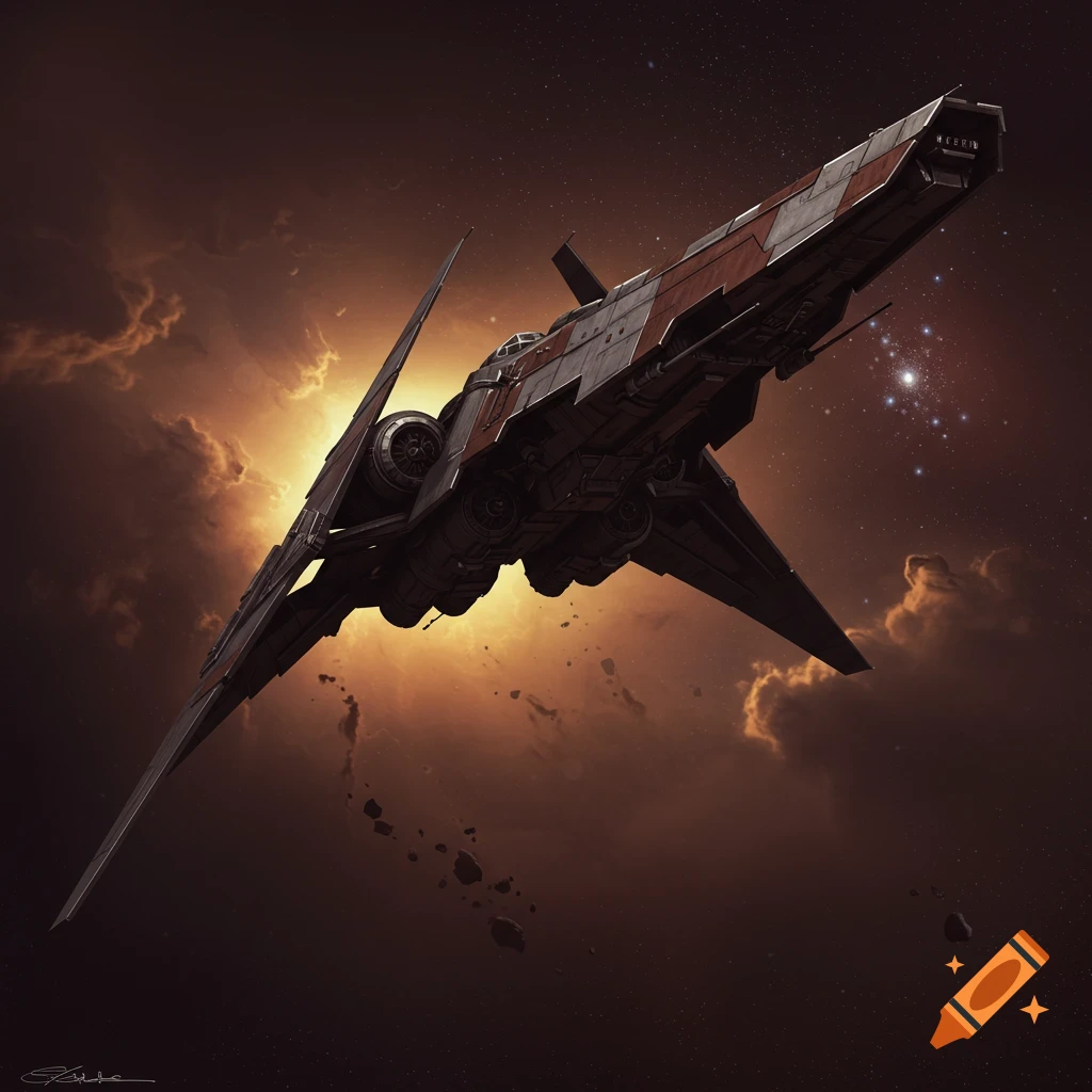 A starfighter flies through space with clouds and asteroids.