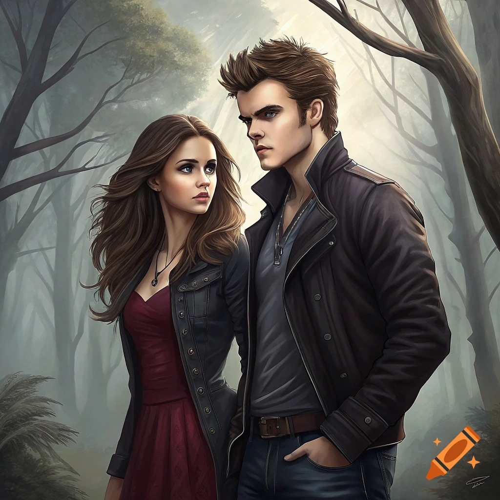 A man and woman stand together in a misty forest.