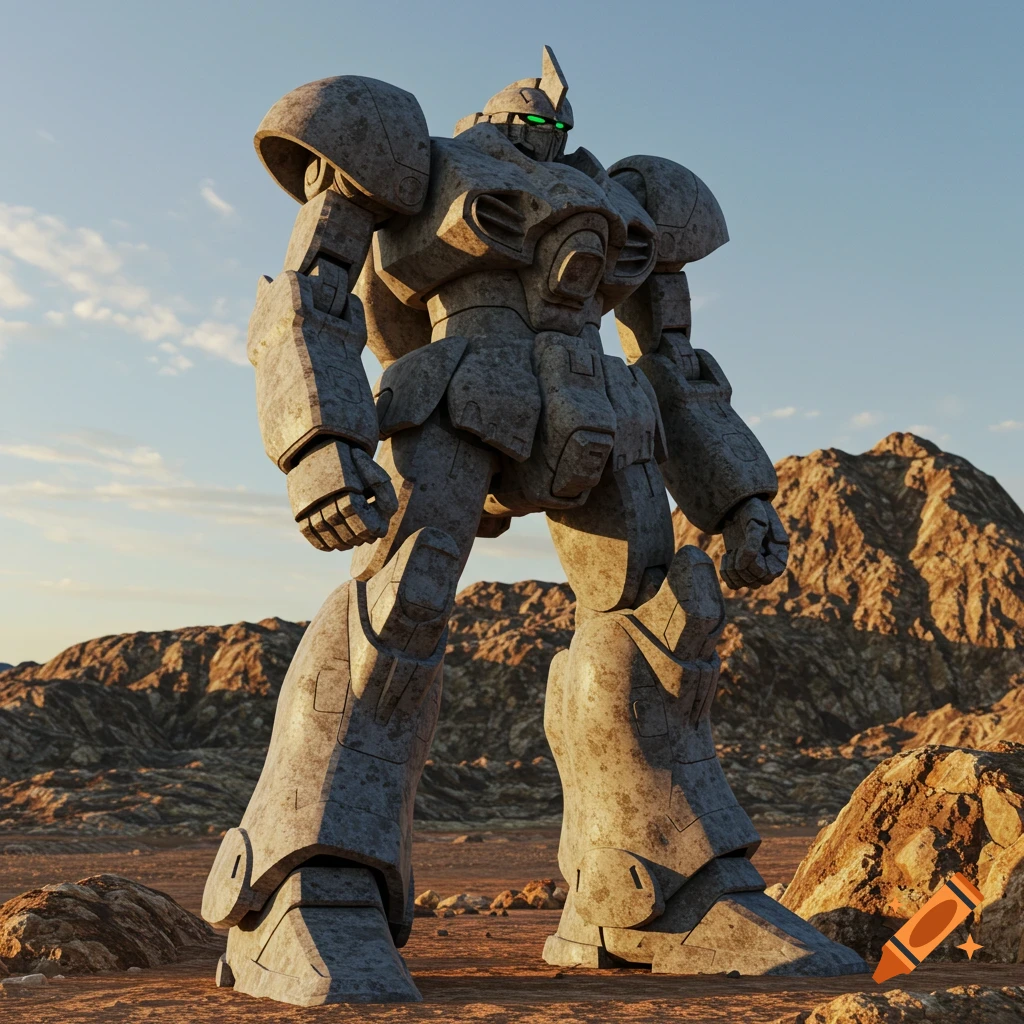 A large stone robot stands in a rocky desert landscape under a dramatic sky.