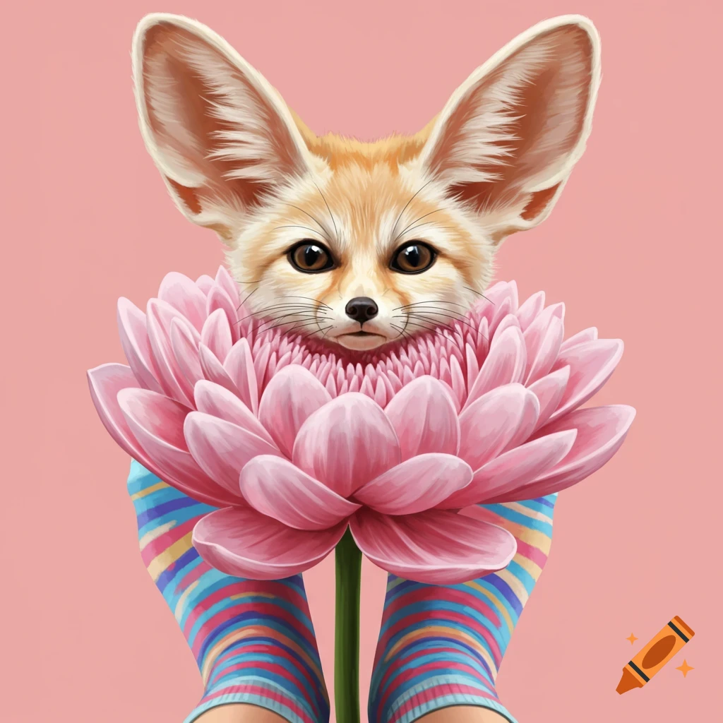 A fennec fox head in a pink flower with feet in striped socks on a pink background.