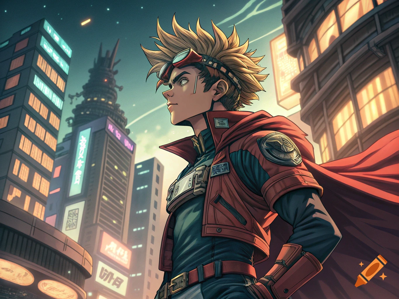 Anime character in red jacket and goggles in a cyberpunk city