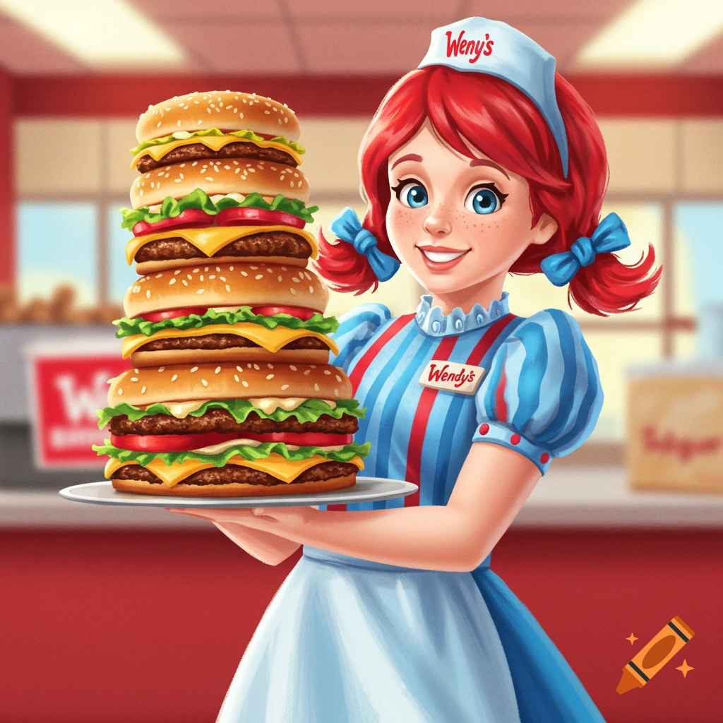 A cartoon girl resembling Wendy's mascot holds a giant, multi-layer hamburger on a plate in a restaurant setting.